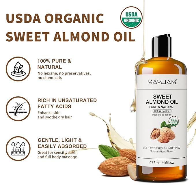 MAYJAM Sweet Almond Oil 16 Fl Oz, USDA Certified Pure and Natural Carrier Oil, for Skin and Hair Moisturizing, Hair and Body Massage Oil for Essential Oils Mixing (473ml)