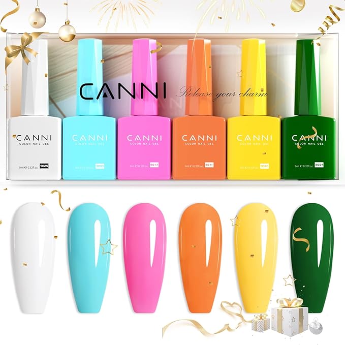 CANNI 9ml Hema-Free Gel Nail Polish Set- 6Pcs White Blue Orange Yellow Colors Gel Polish Kit, Soak Off LED Nail Gel Manicure Kit DIY at Home Salon Gifts for Women Girls