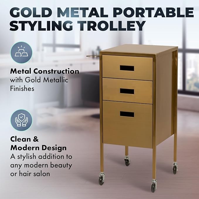 Buy-Rite Electra Metallic Styling Trolley in Gold – Durable Metal Salon Station with 3 Large Drawers, Side Appliance Holder, and Industrial Casters for Hot Tools & Hair Styling, CHM-2883-GLD
