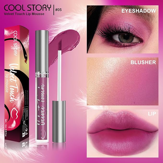COOL STORY Velvet Lip Stain Mousse, Lip Tint Long-Lasting Waterproof Matte Finish (05)
