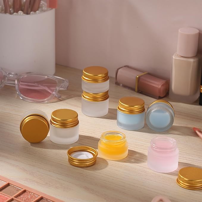 24 pack 10ml Frosted Glass Jars with Gold Lids Small Empty Travel Lotion Containers with Inner Liner Airtight Cosmetic Holder with Labels for Lip Balm Creams Body Butter