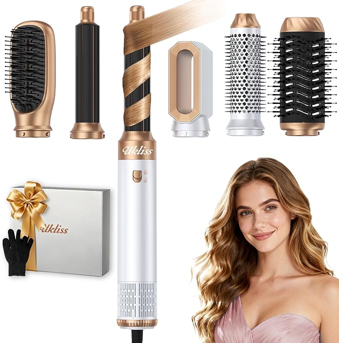 Ukliss Hair Dryer Brush 6 in 1, Hot Air Brush & Styler with ALCI Safety Plug, Ionic Blow Dryer Brush for Frizz Free Salon Blowout, Volumizing & Auto Curls, for Fine to Normal Hair,White