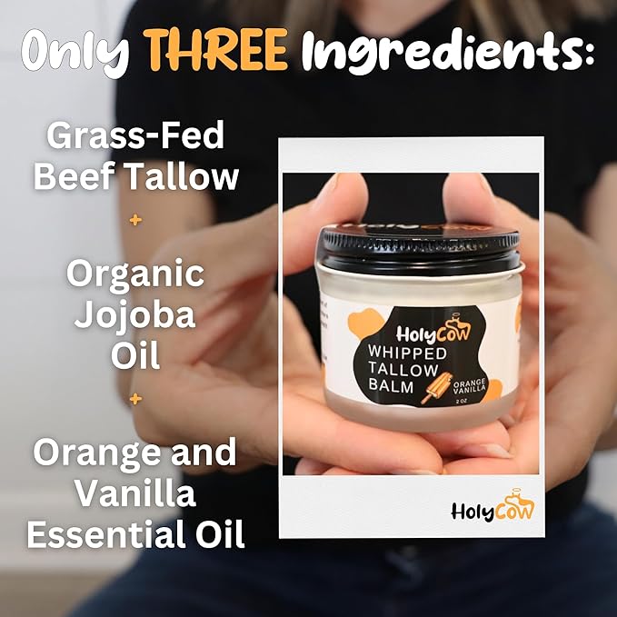 HolyCow Beef Tallow For Skin - Whipped Tallow Balm with Organic Jojoba Oil (Orange Vanilla), Grass Fed Beef Tallow Face Moisturizer for Eczema, Baby, Lip Balm - Lotion For Extremely Dry Skin