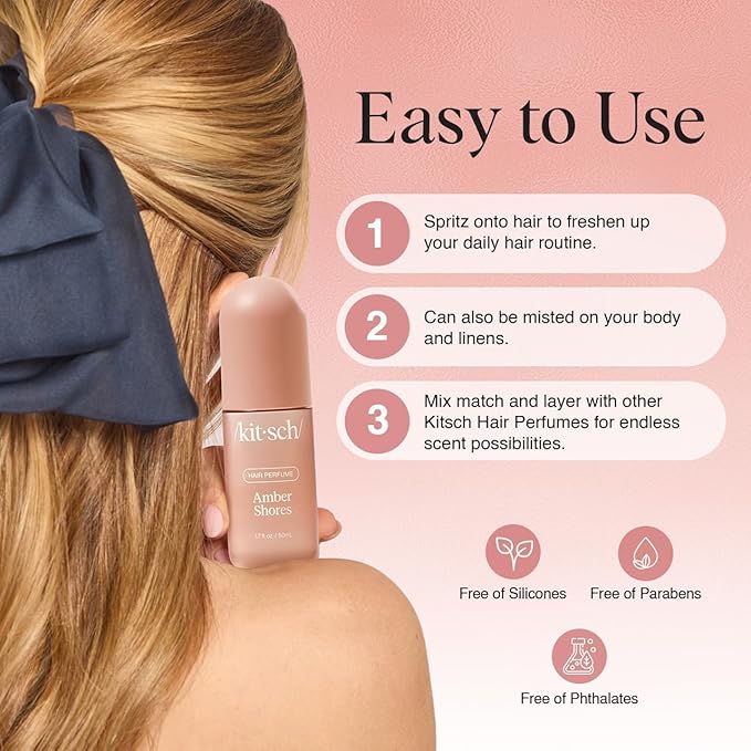 Kitsch Hair Perfume for Women - Amber Shores | Clean, Deodorizing & Patented Odor-Eliminating Technology Hair Spray & Body Mist - Freshen Hair, Body & Pillows - Woody Aquatic Scent - 50mL