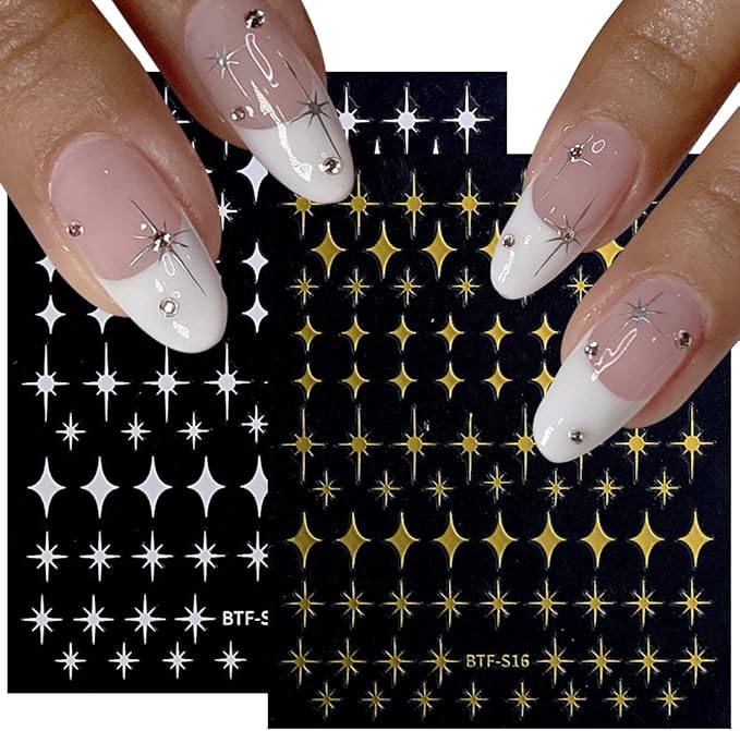 12 Sheets Gold Star Nail Art Stickers Decals 3D Self Adhesive Gold White Black Star Design Nail Art Decal Supplies Accessories for Women Acrylic Manicure DIY Decoration