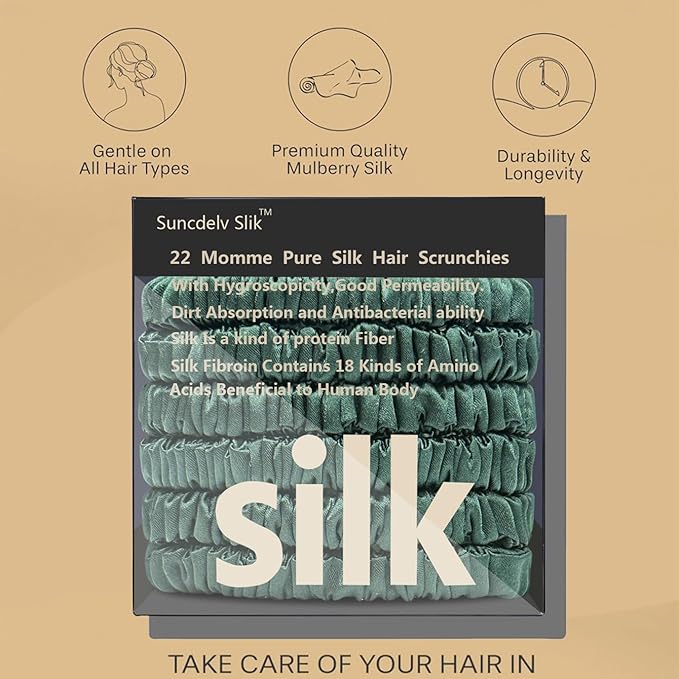 Suncdelv Silk,100% Silk Scrunchies for Hair,22 Momme Hair Ties for Anti-Crease & Breakage,Natural Women Hair Accessories，Fashion Hairbands 6PCS（Blackish Green）