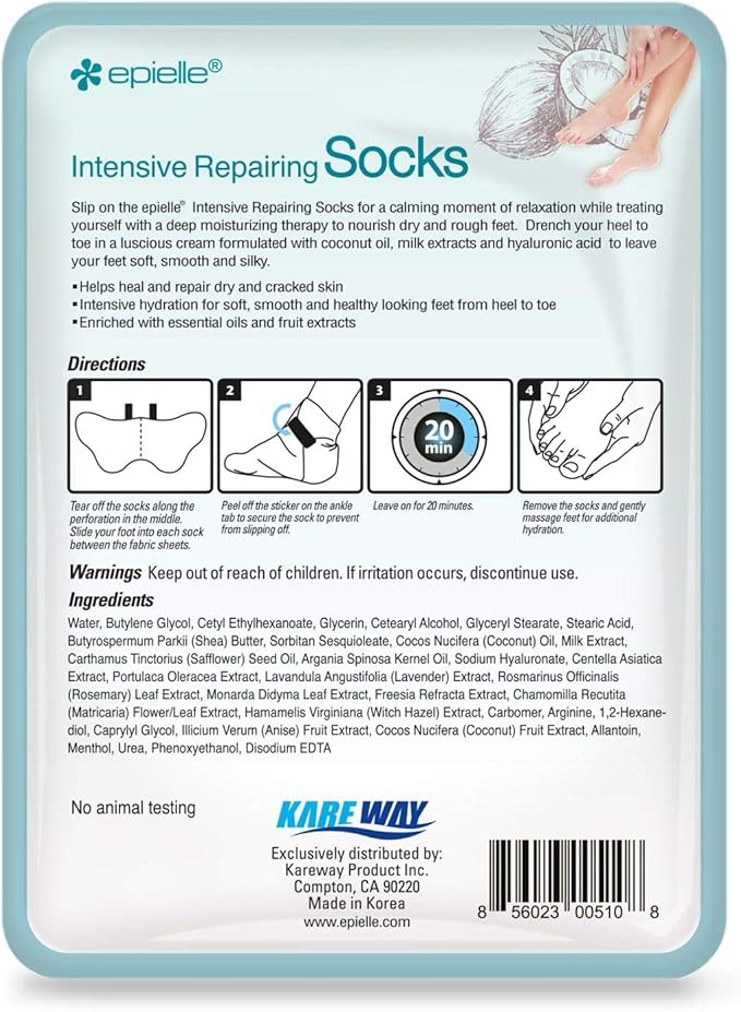 Epielle Intensive Repairing Foot Mask 6 Pairs, Renew and Soften with Coconut Oil & Milk Extract, Deep Moisturizing Socks for Dry, Cracked Feet, Self Care Gifts for Women, Spa Kit, Stocking Stuffers