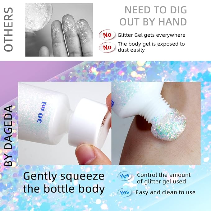 DAGEDA Body Glitter Gel, Holographic Face Glitters Body Gel Shimmer Liquid Eyeshadow, Color Changing Glitter for Face Hair Nails, Glitter Under Light Festival Glitter Makeup 1.7oz (Galaxy Blue)