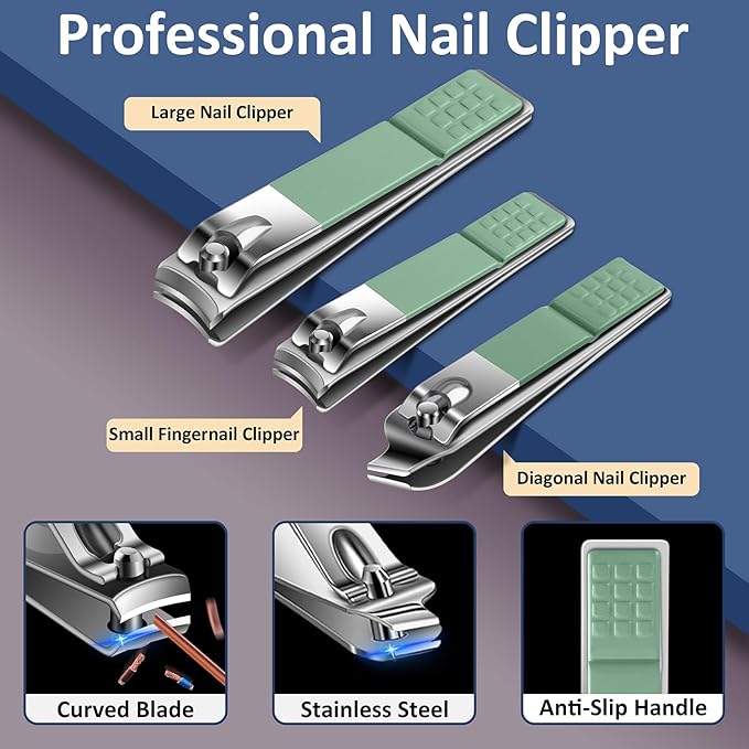 BLESWIN 10-Piece Nail Clipper Manicure Set, Professional Small Nail Care Kit , Nail Clipper Set for Women Men, Ladies Compact Manicure Tools in Case Green Leather Nail Care Gift Set.