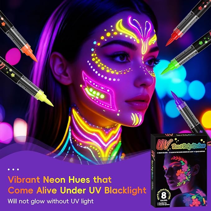 8-color luminous body painting, UV neon face painting pen, luminous face painting kit, washable skin tattoo pen, Halloween party makeup (8 colors)