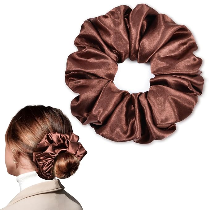 CEELGON Chocolate Big Satin Scrunchie6.5 Inches Jumbo Scrunchies Silky Hair Ties Oversized Ponytail Holderfor Thick Curly Hair Extra Large Hair Accessories for Women (Chocolate)