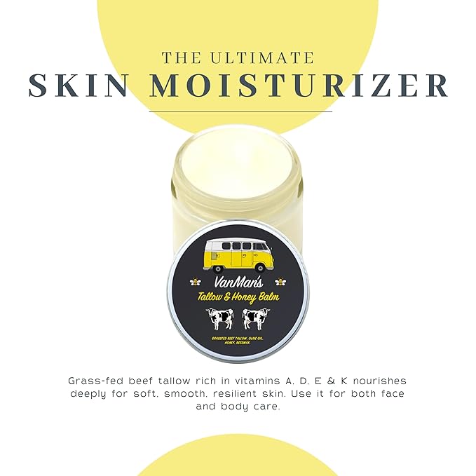 Vanman's Tallow and Honey Balm With No Added Scent (2 Pack) - Beef Tallow Face Moisturizer with Grass-Fed/Finished Beef Tallow for Skin, Organic Raw Honey and Beeswax, Cold Pressed Olive Oil - 2 oz
