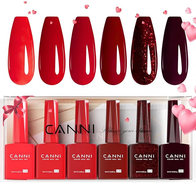 CANNI 6Pcs 9ml Hema-Free Red Gel Nail Polish Set- Dark Red Burgundy Glitter Gel Polish Kit DIY at Home Salon Christmas New Year's Gifts for Girls