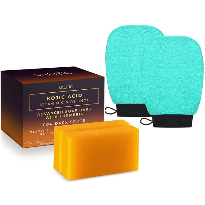 VALITIC 2 Pack Kojic Acid Vitamin C & Retinol Soap Bars for Dark Spot Bundle with 2 Turquoise Exfoliating Gloves for Body Scrubs