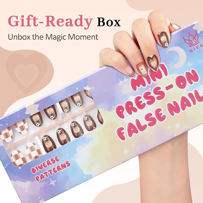 16 Sizes Press on Nails Kit for Kids - 32 Pieces French Almond Fake Nail Tips for Girls 8-12 Years Old with Jelly Nail Adhesives & No-Lamp Nail Glue, Birthday Christmas Gifts (Cozy Autumn)