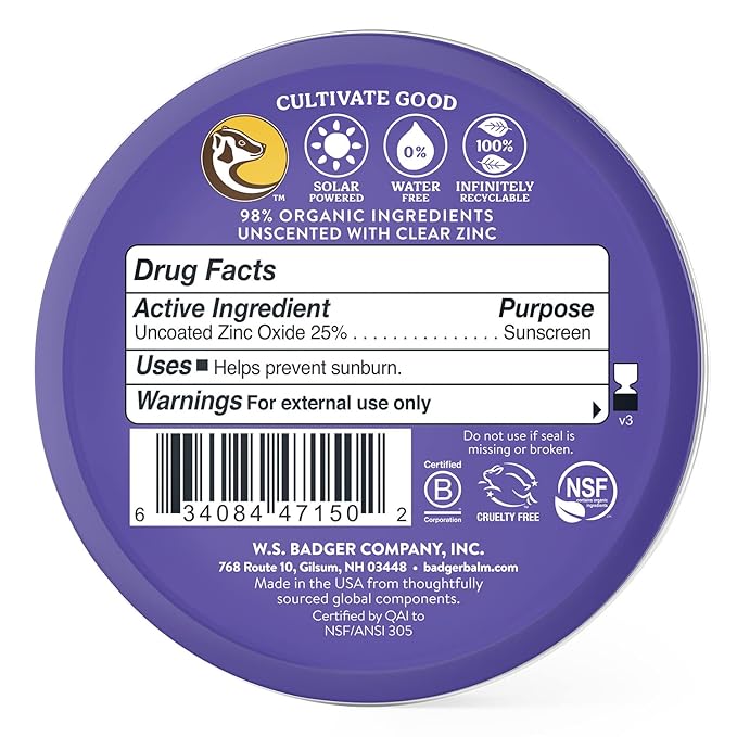 Badger Biodegradable Reef Safe Sunscreen, SPF 50 Mineral Sunscreen, 98% Organic Ingredients, Unscented, Water Resistant Adventure Sport Sun Cream, Travel Size 2.4 oz Tin, 2-Pack