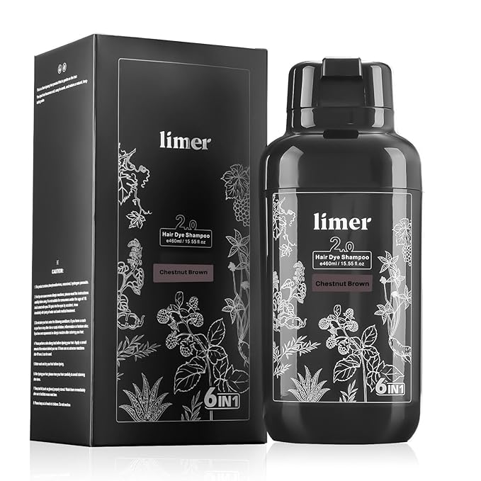 Limer Hair Dye Shampoo, Chestnut Brown 6-in-1 Natural Herbal Hair Color Shampoo, Semi-Permanent Gray Coverage with Pleasant Scent, Ammonia-Free Formula for Women & Men (460ml/15.55fl oz)