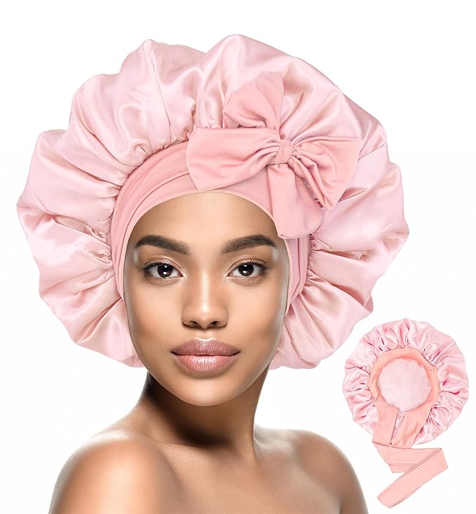 HiRui Silk Satin Bonnet for Sleeping Women, Double-Layer Sleep Cap Shower Cap with Adjustable Tie, Moisture Retaining Satin Lined Hair Bonnet for Curly and Natural Hair (Pink, Medium)
