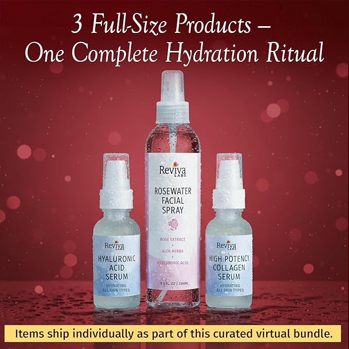 Reviva Labs Ultimate Hydration Trio – 3-Piece Hydrating Skincare for Dry Skin featuring Rosewater Facial Spray, Hyaluronic Acid Serum, and Collagen Serum for Face – Winter Skincare Gift Set for Women