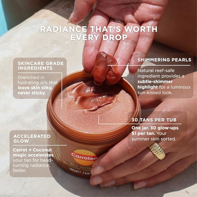 Carroten Gold Shimmer Tanning Gel | Browning Indoor/Outdoor Tan Accelerator | Non-Greasy, Water-Resistant with Carrot & Coconut Oil | Vitamin A & E For Moisture & Hydration | 5 Fl Oz + Spatula