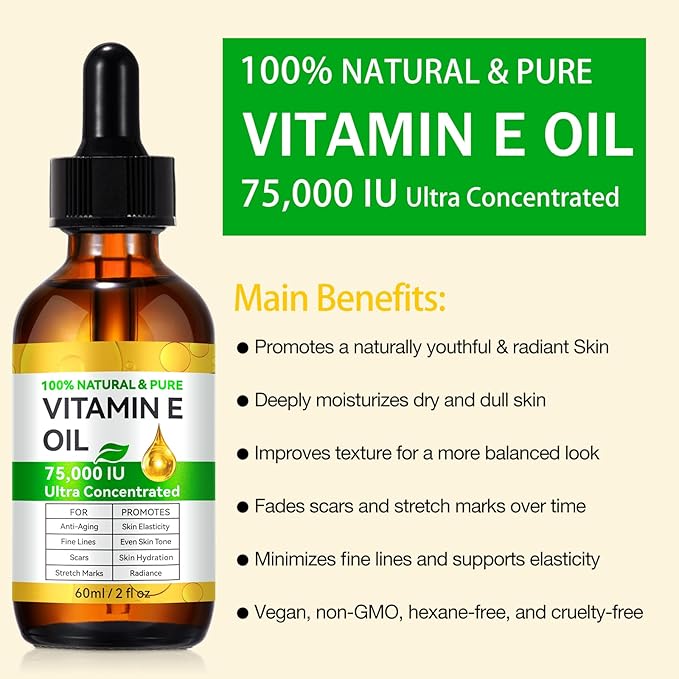 Pure Vitamin E Oil, 75,000 IU Ultra Concentrated & Natural for Stretch Mark/Scars Treatment, Smoothing & Moisturizing Skin & Hair & Cuticles, Cold Pressed/Hexane Free/Non-GMO, 60ML/2Fl Oz