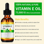 Pure Vitamin E Oil, 75,000 IU Ultra Concentrated & Natural for Stretch Mark/Scars Treatment, Smoothing & Moisturizing Skin & Hair & Cuticles, Cold Pressed/Hexane Free/Non-GMO, 60ML/2Fl Oz