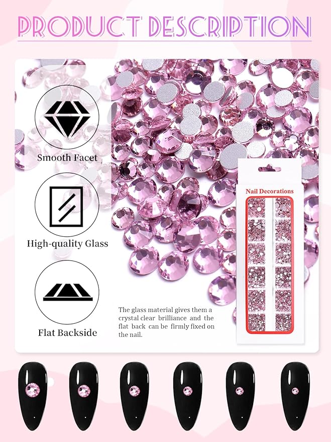 1620 Pcs Nail Art Rhinestones Pink Nail Charms Glass Nail Gems, Wsimily Crystal Flatback Shiny Mixed Nail Rhinestones Beads for DIY Manicure Craft with Tweezer Storage Box Picker Pencil