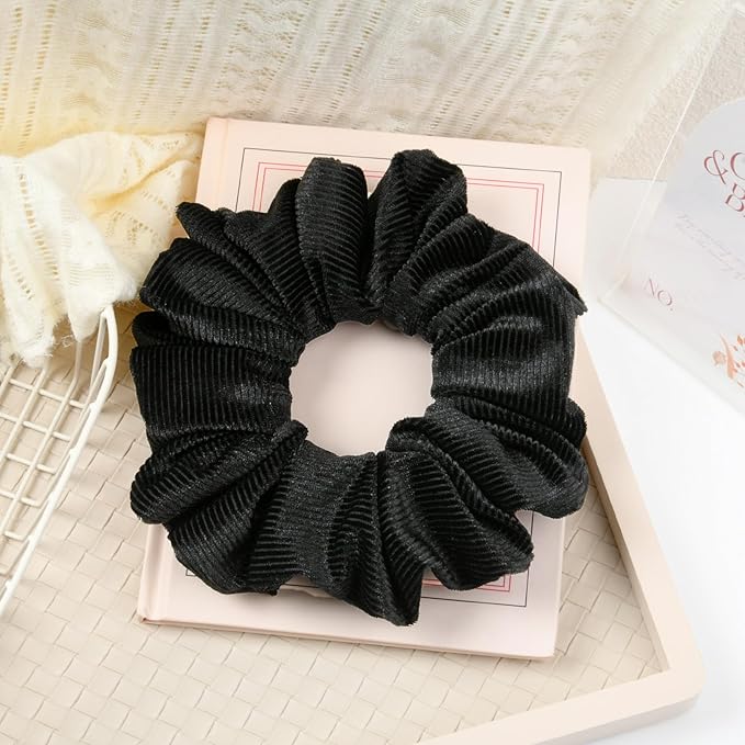 CEELGON Black Big Corduroy Scrunchie 6.5 Inches Jumbo Scrunchies Hair Ties Oversized Ponytail Holder for Thick Curly Hair Extra Large Hair Accessories for Women (Black)