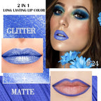 evpct Blue Metallic Glitter Lip Liner and Lipstick Combo Lip Gloss Stain Set Makeup for Women Long Lasting Waterproof 24, Non Stick Cup Metal Shine Shimmer Iridescent Liquid Lipstick 24