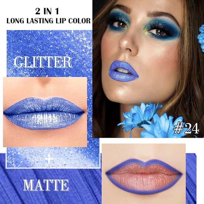 evpct Blue Metallic Glitter Lip Liner and Lipstick Combo Lip Gloss Stain Set Makeup for Women Long Lasting Waterproof 24, Non Stick Cup Metal Shine Shimmer Iridescent Liquid Lipstick 24