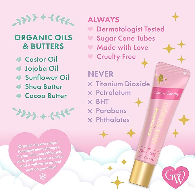 Glimmer Wish Glimmer Whip Hydrating Lip Balm – Moisturizing Lip Care with Organic Oils & Butters – Vegan Lip Moisturizer (Cotton Candy)