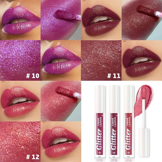 AMY'S DIARY 3Pcs Glitter Liquid Lipstick Set – Electric Purple, Plum Wine, Rose Pink – Shimmer Metallic Lip Gloss, Long-Lasting Waterproof Lip Color, High Shine Sparkle Makeup for Women(Set D)