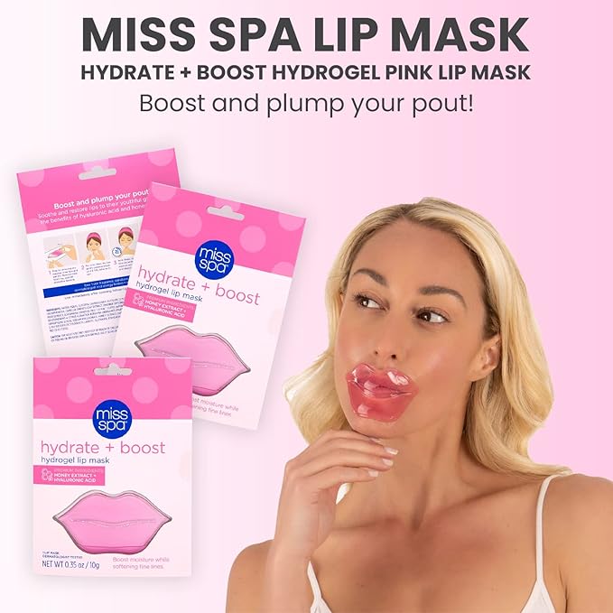 MISS SPA Lip Mask, Hydrate Boost Hydrogel Pink Lip Mask, Sooth Restore Lips, Lip Plumper, Moisturizing And Reducing Fine Lines, Anti-Aging Face Mask Skin Care, Nourishing Honey Lip Patches 4 Pack