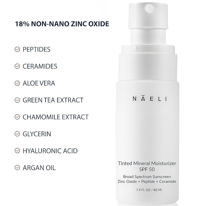 NAELI Anti Aging Tinted Moisturizer SPF 50, Mineral Sunscreen for Face with Zinc Oxide, Peptides & Ceramides, Natural Hydrating Universal Tint - 1.4 oz