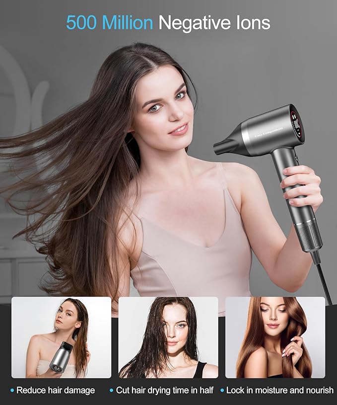 Cosy Companions Hair Dryer - Negative Ionic Blow Dryer with 150000 RPM High Speed Brushless Motor for Fast Drying, Low Noise, HD Display Hair Dryer with Diffuser and Nozzle, 5 Temps & 2 Speeds