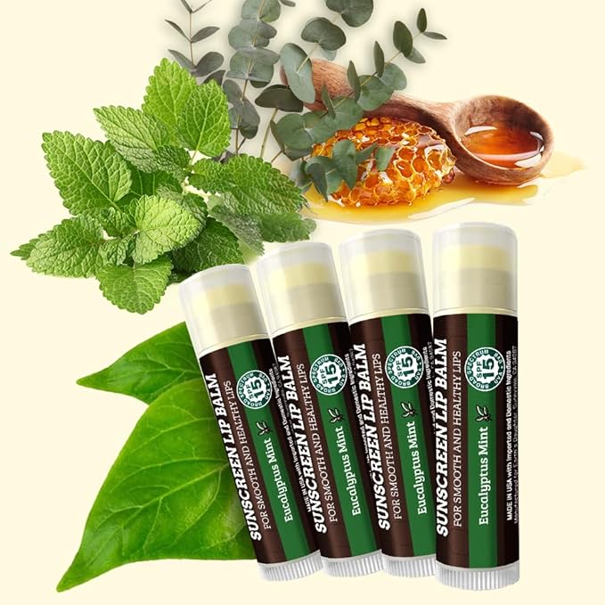 Earth's Daughter SPF Lip Balm Eucalyptus Mint Stocking Stuffers 4-Pack - Lip Sunscreen, SPF 15, Organic Ingredients, Beeswax, Coconut Oil, Vitamin E - Hypoallergenic, Gluten Free