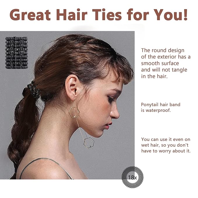 18 Pcs Women Ponytail Braid Hair Elastic No Crease Spiral Hair Ties, Girls Multi-color Waterproof Coil Hair Accessories (Small Hair Ties)