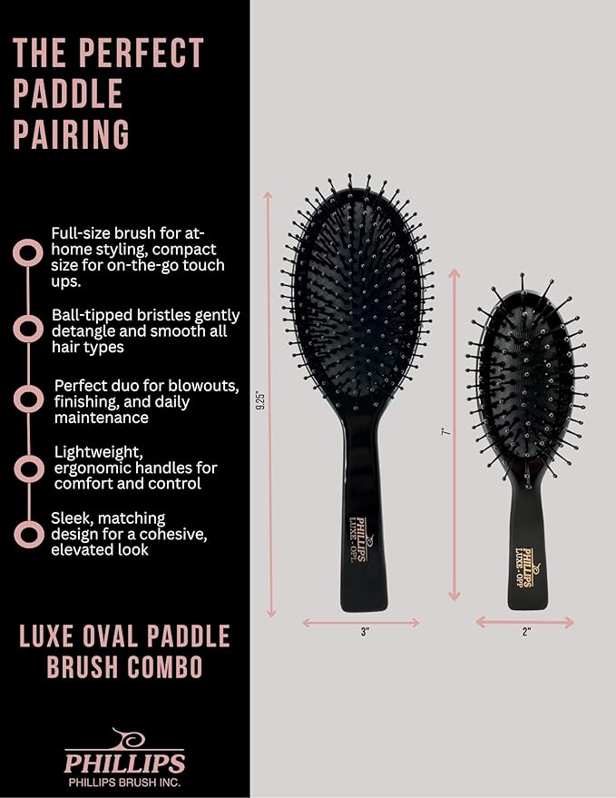 Phillips Brush Luxe Series Oval Paddle Hairbrush Combo Pack – Full Sized 9.25 inch Detangler + 7 inch Purse Size Travel Detangler, Sleek Black Color with Gold Accents
