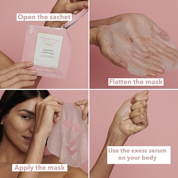 RARE Paris - Exception Rosée - Regenerating Facial Sheet Mask - Hydrating & Brightening - With Ceramides & Omega-3 & 6 - Brightening, Firming & Revitalizing - Multi-Active Serum Formula - 1 Pack