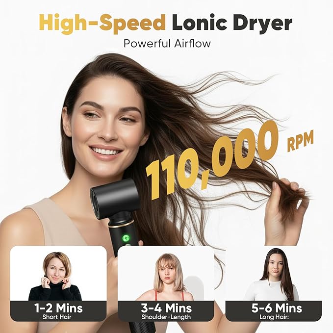5-in-1 Hair Styler & Dryer, 110,000 RPM Ionic, Auto-Wrap Curling Barrels (L/R), Oval Volumizer & Straightening Brush, 3 Heat/3 Speed, Quick-Lock