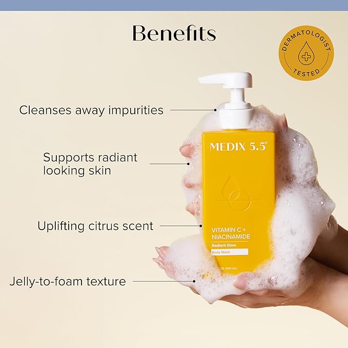 Medix 5.5 Radiant Glow Vitamin C Body Wash W/Niacinamide | Citrus Scented Gentle Body & Face Cleanser For Women, Men, Dry Skin, & Smoother-Looking Skin | Removes Dirt, Oil, & Impurities, 15 Fl Oz