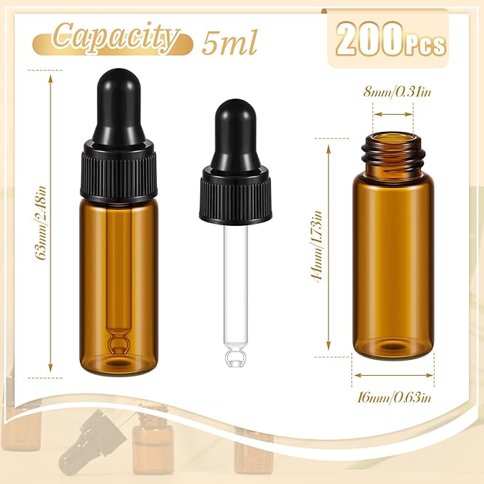 200 Pcs Mini Glass Oil Dropper Bottle Bulk, Clear Essential Small Empty Bottles Sample Containers Perfume Liquid Vials with Cap for Traveling (5 ml,Amber)