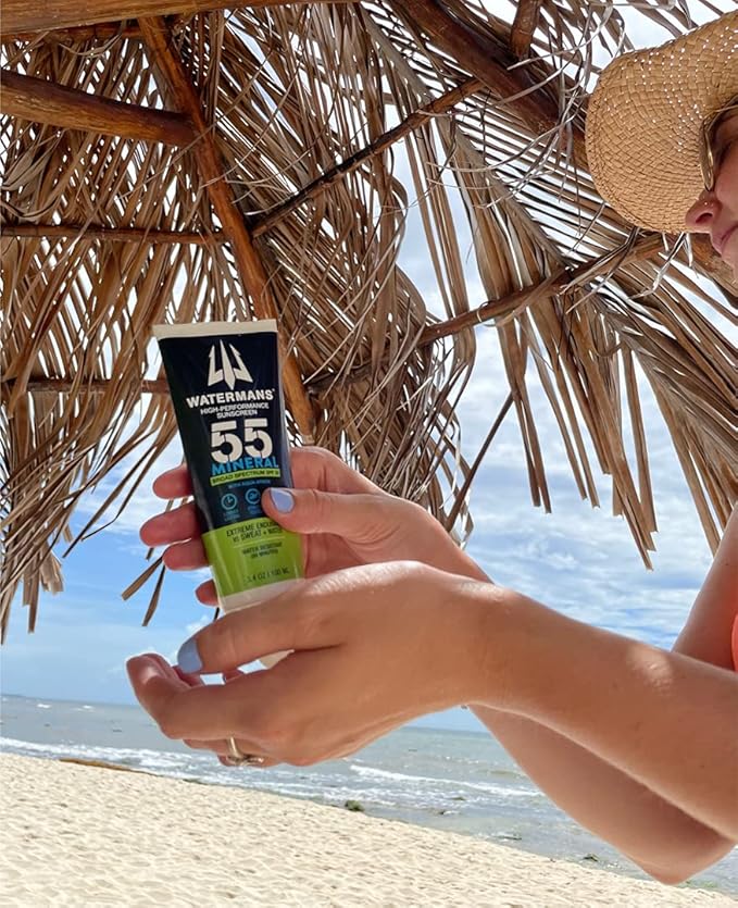 Watermans Mineral SPF 55 Sunscreen with Zinc, Aqua-Armor, Broad Spectrum Sunscreen for Face and Body, Reef Safe Sunscreen, Water Resistant, Mineral Sunscreen