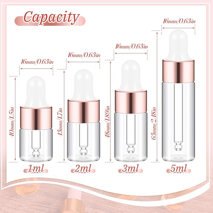 20 Pcs Mini Glass Oil Dropper Bottle Bulk, Clear Essential Small Empty Bottles Sample Containers Perfume Liquid Vials with Cap for Traveling (1ml,2ml,3ml,5ml,Rose Gold)
