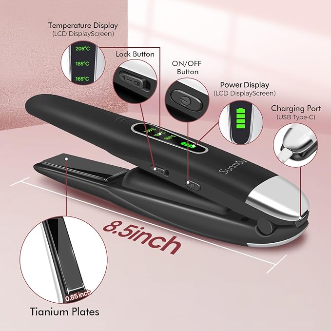 SUNMAY Cordless Hair Straightener, 0.85 Inch Titanium Portable Hair Straightener for Travel, Cordless Mini Flat Iron Hair Straighteners and Curlers 2 in 1, Dual Voltage, On-The-Go & 20S Fast Heat Up