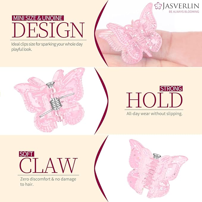 Glitter Mini Butterfly Hair Claw Clips, Sparkly Colorful Hair Accessories for Girls and Women - 90s Y2K Cute, Small, Tiny Clip in 10 Assorted Colors, Set of 50 (Glitter)