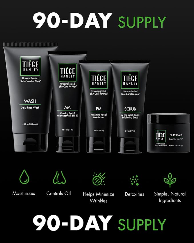 Tiege Hanley 90 Day Large Skin Care Set for Men, Advanced Routine, System Level 2, Daily Face Wash, Facial Scrub, Two Moisturizers, and Eye Cream for Healthy Skin, Men’s Skin Care, 5 Piece Kit