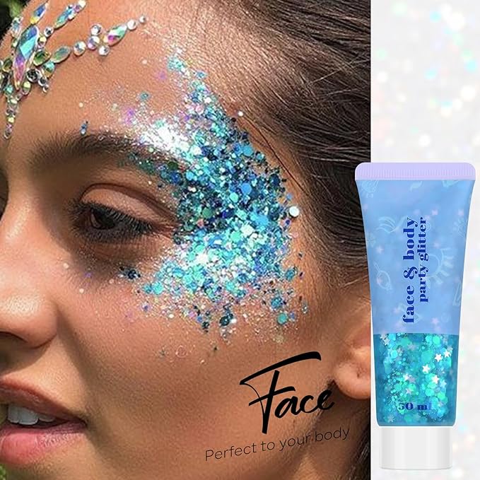 Blue Face and Body Hair Glitter Gel, Party Concerts Cheer Face Paint Holographic Chunky Festival Rave Accessories Glitter Makeup, 6 Kinds of Sparkling Sequins for Hair Nail Eye Lip Body