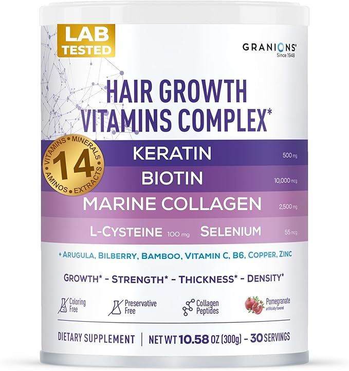 Granions Hair Supplements for Hair Growth Powder - Strength, Thickness, Density, Loss Support for Women and Men - Collagen Peptides, Biotin 10,000, Keratin, Aminos, B Vitamins, Zinc, Selenium - 10.5oz