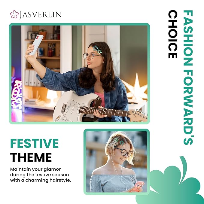 Green Star Hair Clips Accessories 36pcs, Y2K Cute Barrettes for Women Girls, Non-Slip Glitter Snap Hairclips Kawaii Assorted Styling